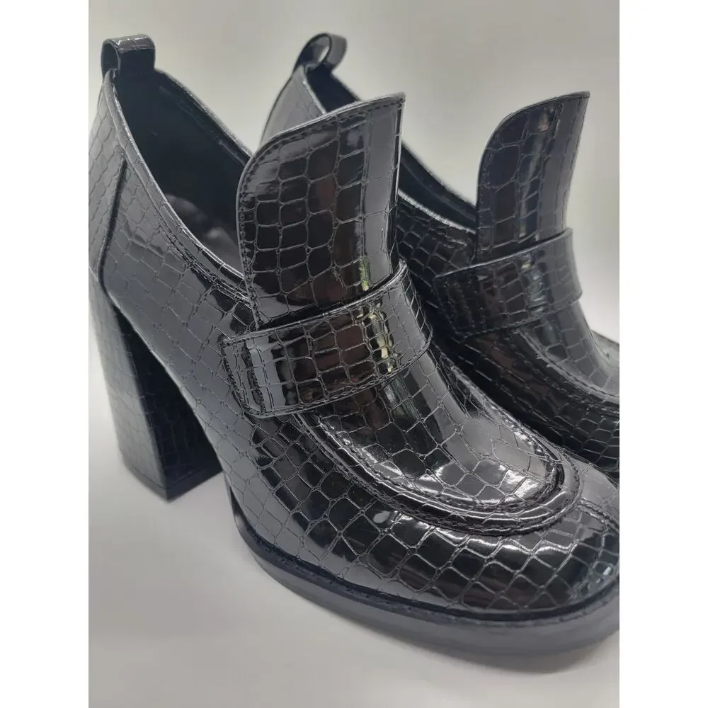 Koi Footwear Black Vegan Chunky Heel Slip-On Shoes UK 4 Snake Print Square Toe🖤